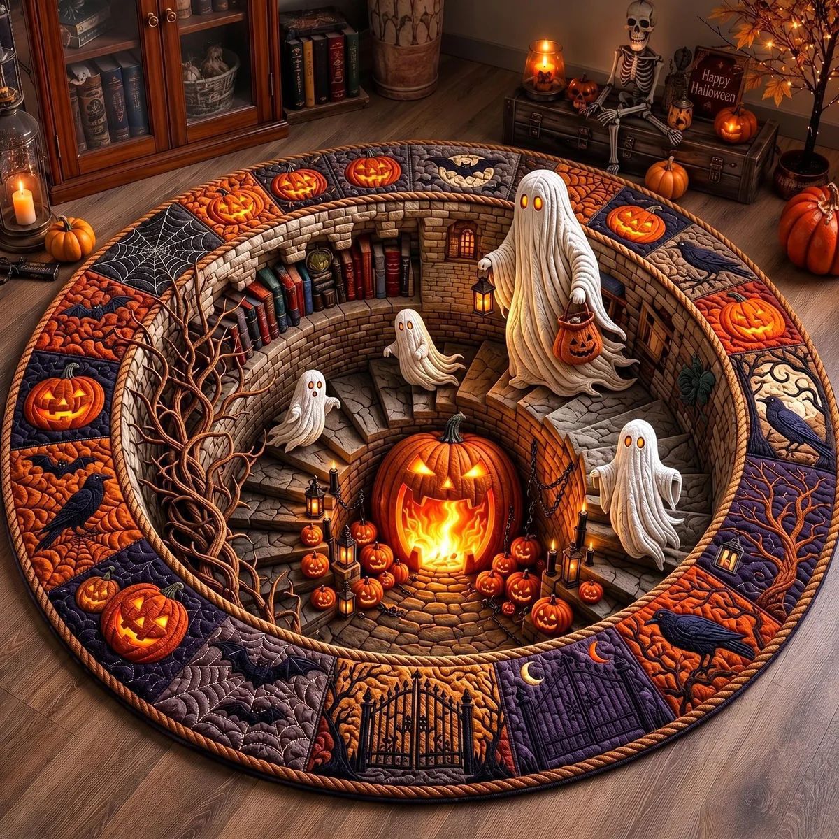 🔥3D Haunted Staircase Round Rug – Spooky Halloween Optical Illusion 👻