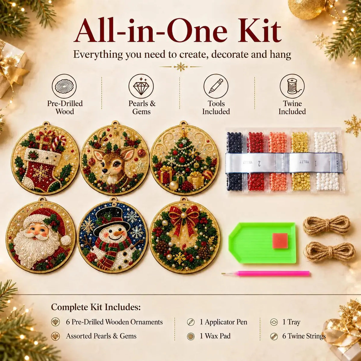 🎄✨6Pcs Christmas DIY Diamond Painting Ornaments Kit, Xmas Tree Hanging Pendant