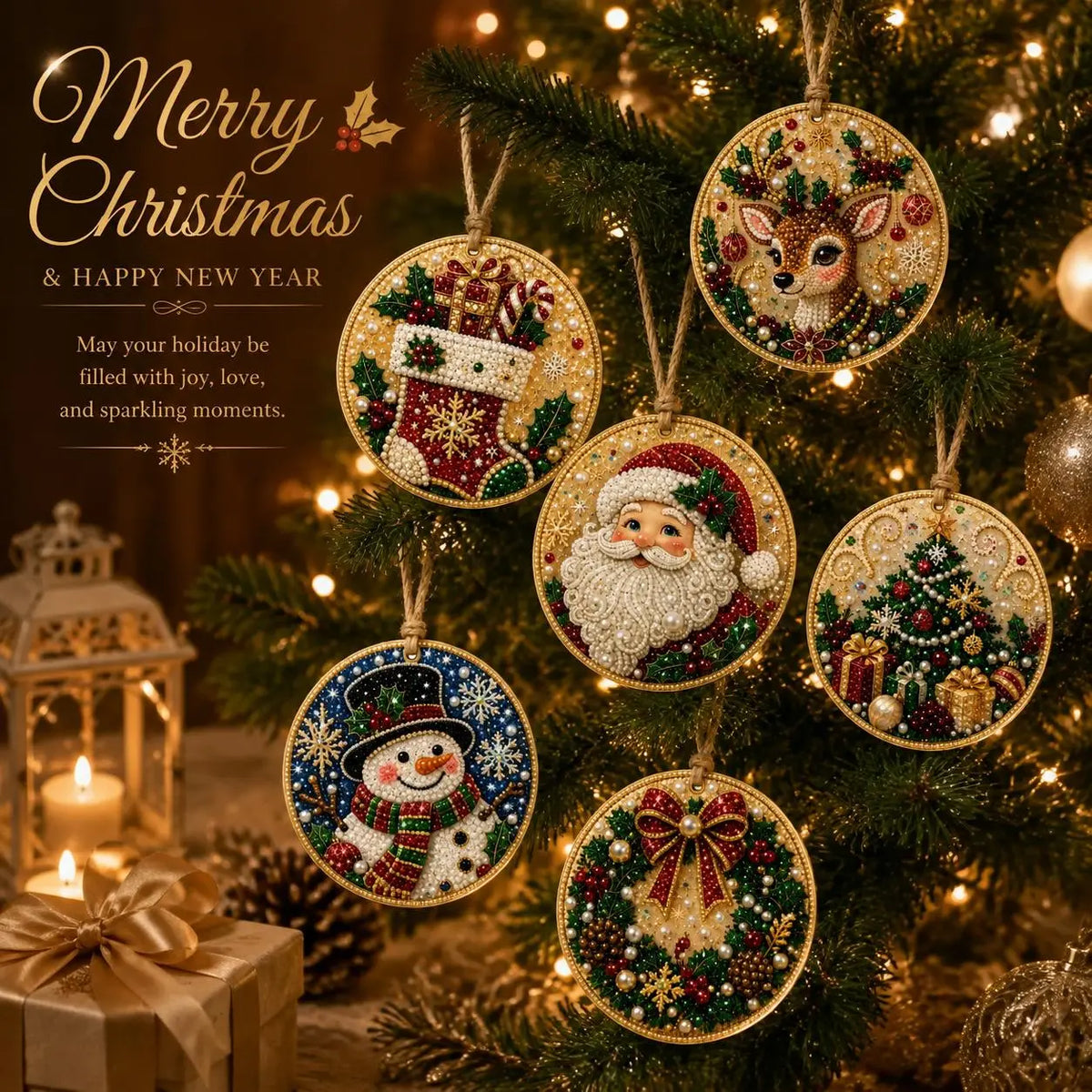 🎄✨6Pcs Christmas DIY Diamond Painting Ornaments Kit, Xmas Tree Hanging Pendant