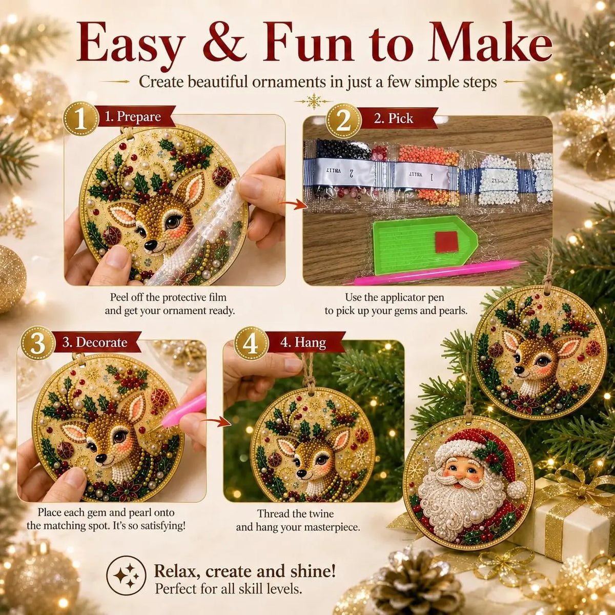 🎄✨6Pcs Christmas DIY Diamond Painting Ornaments Kit, Xmas Tree Hanging Pendant