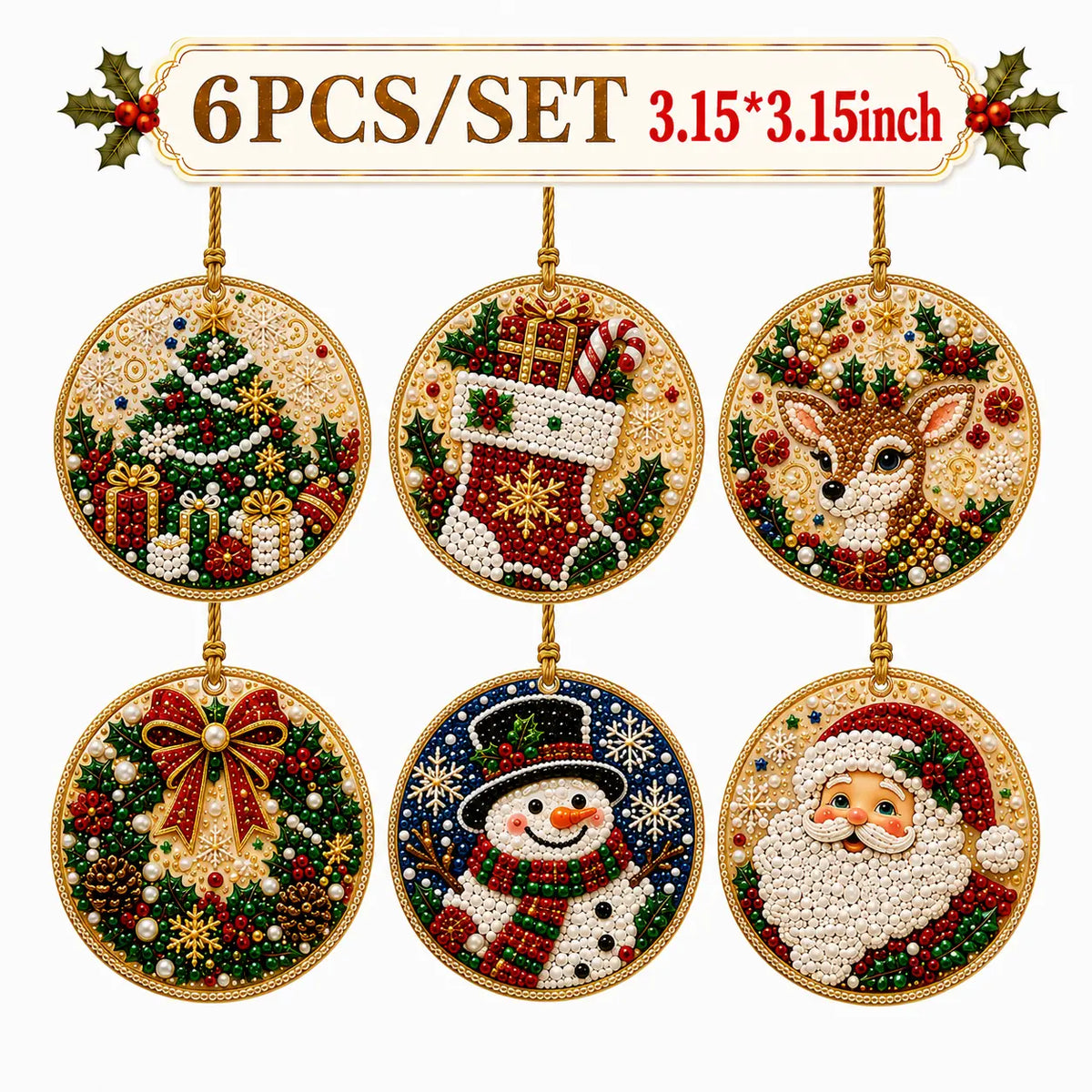 🎄✨6Pcs Christmas DIY Diamond Painting Ornaments Kit, Xmas Tree Hanging Pendant
