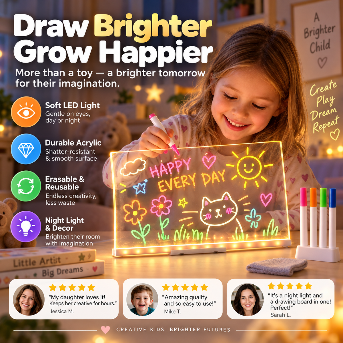 🎨 Erasable Acrylic Drawing Board for Kids – LED Light-Up Creative Art Toy 🎁